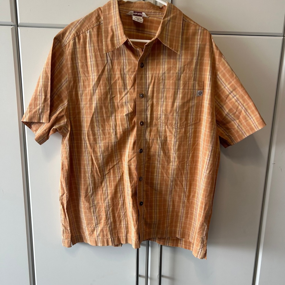 Marmot Mens XL Short Sleeve Button Down Shirt Orange Plaid Organic Cotton Hiking
